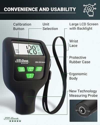 Paint Thickness Gauge CM-224 Auto – Digital Coating Thickness Meter for Cars and Automotive Inspection, Fe / Al / Fe+Zn Detection, 0.1 μm Resolution, Factory Calibrated, Large Backlit LCD - Image 3
