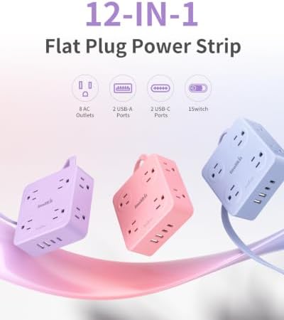 Extension Cord with Multiple Outlets, SMALLRT Flat Plug Power Strip, 6.5FT Power Strips with USB Ports, 8 Outlets, Outlets Extender for Home Office, Purple - Image 2