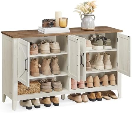 VASAGLE Farmhouse Shoe Cabinet, Narrow Storage Organizer, 4 Doors by VASAGLEbySONGMICSHOME