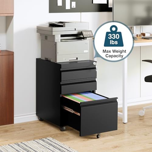MIIIKO 3 Drawer File Cabinet on Wheels, Home Office Mobile File Cabinet Under Desk, Full Assembled Metal Filing Cabinets with Lock for Legal/Letter/A4 File Folders - Image 4