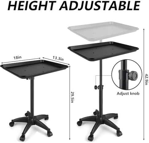 Salon Tray Cart on Wheels,Adjustable Height Rolling Tray,Aluminum Tattoo Tray,for Hair Salon,Beauty Spa,Tattoo Work Table and Hair Stylist Storage (Black) - Image 2