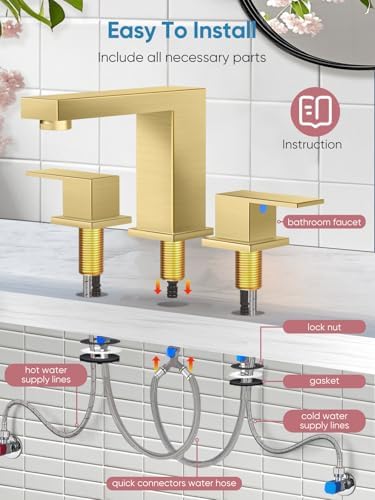 Cobbe Bathroom Faucet 3 Hole, Brushed Gold Bathroom Sink Faucet Widespread - Image 5