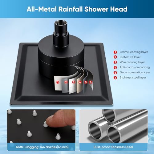 8 Inch Square Rain Shower Head with Filter for Hard Water — 304 Stainless Steel with 15-Stage Purification and High Pressure Spray, Matte Black - Image 5