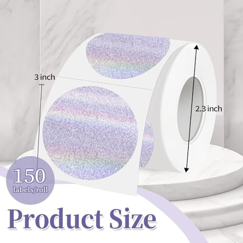 3 Inch Holographic Thermal Labels,Round Thermal Printer Labels,Waterproof Thermal Printer Stickers for DIY Logo Design,Name Tag,QR Code,Thanks Card 150 Labels/Roll (Purple dots) - Image 2