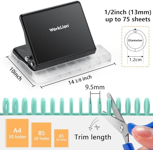Binding Machine for Planner： WORKLION Metal 10 Hole Punch&Multi Color 30 Hole Loose Leaf Binder Rings(10 pcs) for Making 26 Holes on B5 Paper, 30 Holes on A4, 20 Holes on A5 Book, Black - Image 2