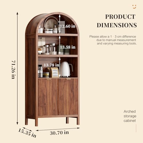 Ieejdn 71" Tall Arched Kitchen Pantry,Modern Fluted Wood Storage Cabinet with Doors,Adjustable Shelves,Organizer, Versatile Cupboard for Kitchen,Living Room,Dining Room,Bathroom,Walnut3 - Image 2