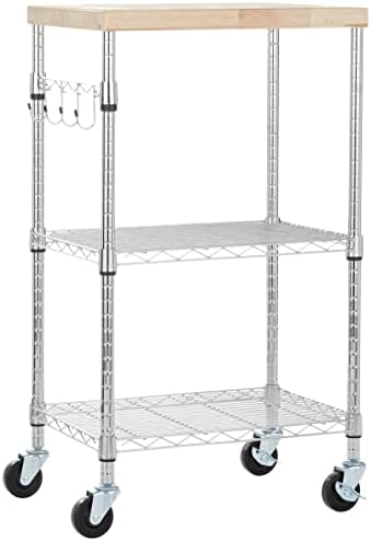 Amazon Basics Portable Kitchen 3-Tier Storage Rack on Caster Wheels with Adjustable 2 Shelves, 175 Pound Capacity, 21 x 15 x 36.7 inches (LxWxH), Wood/Chrome by AmazonBasics