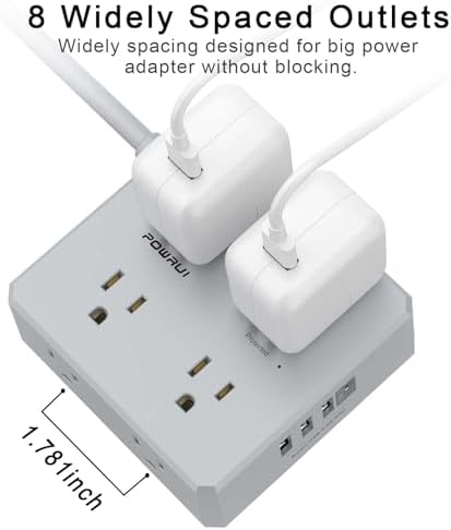 Surge Protector Power Strip - 6 Ft Flat Plug Extension Cord with 8 Widely Outlets and 4 USB Ports(1 USB C), 3 Side Outlet Extender for Home Office, Grey, ETL Listed - Image 5