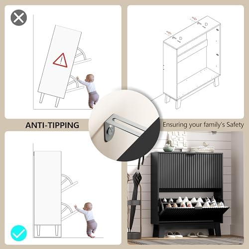 HUANLEGO Shoe Cabinet Storage for Entryway with 2 Flip Drawers, Fluted Narrow Shoe Organizer with Wooden Legs, Freestanding Slim Shoe Storage Hidden Shoe Rack Organizer for Front Door Entrance, Black - Image 6