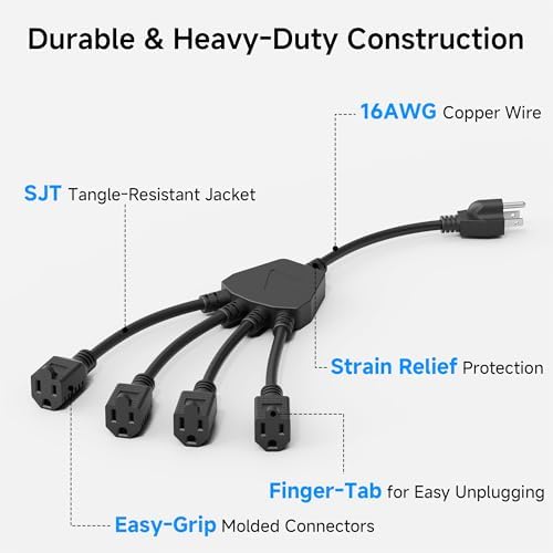 Cable Matters 2-Pack 16 AWG 4 Outlet Power Splitter, AC Plug Splitter 1.5ft - Image 5