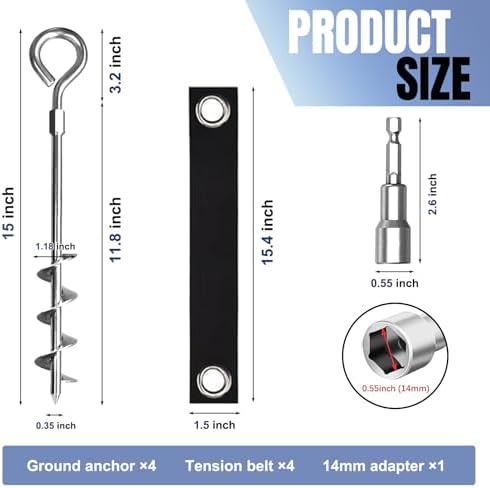 Eurmax USA 4 Pack Heavy Duty Ground Stakes&Anchors,Commercial Spiral Screw-in Trampoline Stakes with Reinforced Tie-Down Straps,High Wind Stabilizing Kit for Canopies,Outdoor Sheds,Swing Sets(Silver) - Image 6