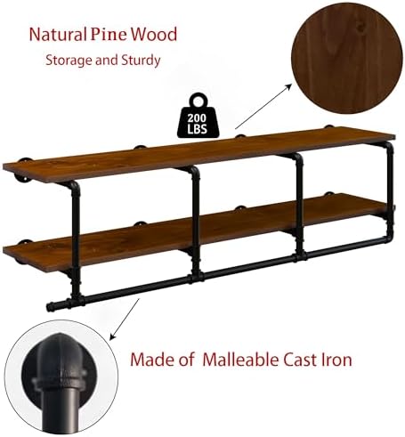 Wall Mounted Clothes Rack 12 Inch Deep, 60 Inch Heavy Duty Garment Rack with Real Walnut Wood Shelf, Multi-Purpose Hanging Rod & Space-Saving Closet Storage Organizer - Image 7