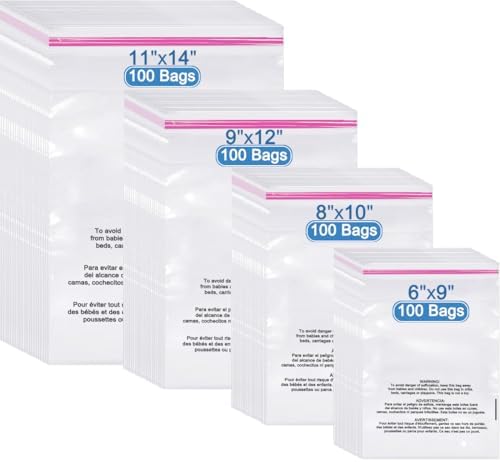 Cellophane Poly Bags Pack 400 CT Combo 6x9,8x10,9x12,11x14 inches, Clear Poly Bags with Suffocation Warning, Resealable Shipping Bag for Clothes, Packaging (OPP, 2mil, 5-13 LB, with Vent Holes) by TAPSIN