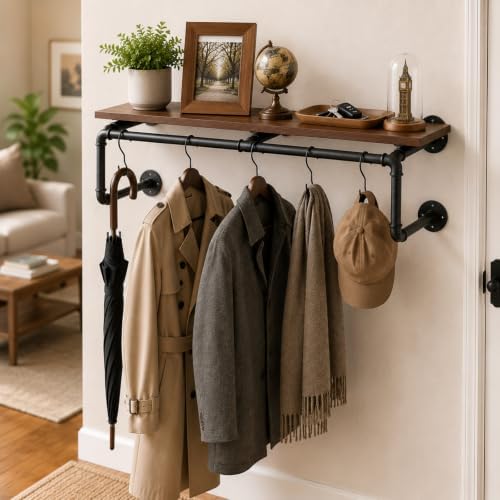 58 Inch Industrial Pipe Wall Clothing Rack with Shelves, Solid Wood, Black - Image 5