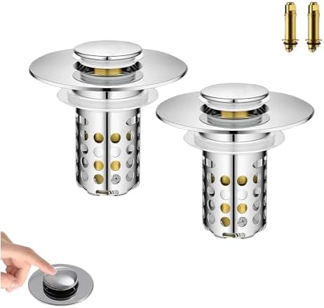 Universal Pop-Up Bathroom Sink Stopper, Stainless Steel Drain Strainer with Removable Filter Basket for 1.1"-2.36" Basin, Push-to-Bounce Core, Bathroom Sink Plug, Hair Catcher, 2 Pack by KKPOT