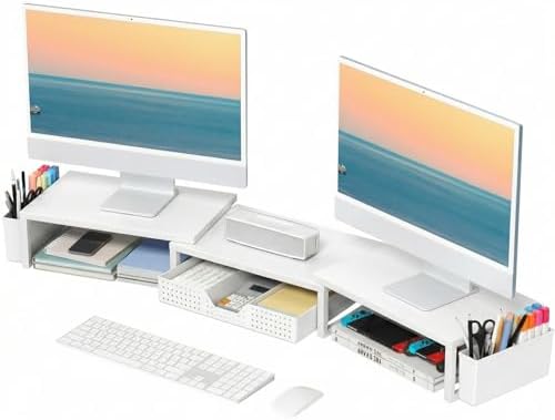 OPNICE Desk Organizers and Accessories, Dual Monitor Stand Riser with Drawer and 2 Pen Holders, Desk Shelf Computer Racks for Office Workspace Organizers, Desktop Organization (White) by OPNICE