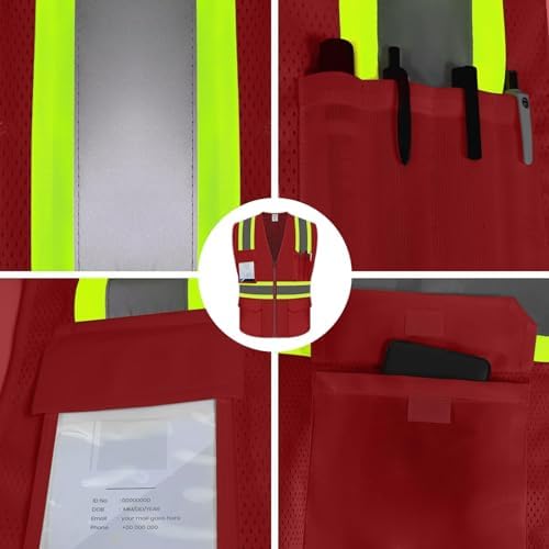 Hi Vis Safety Work Vest with Reflective Strip, Red, 3XL - Image 4