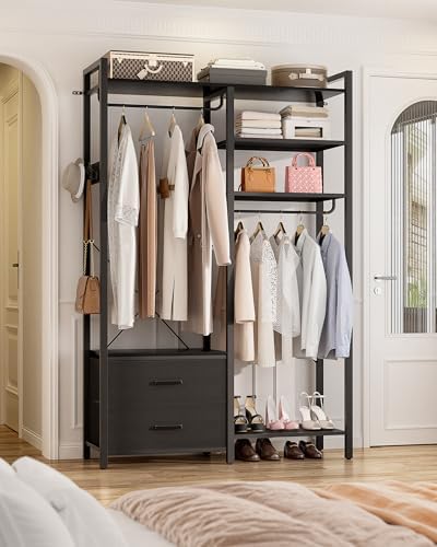78.7'' Clothes Rack for Hanging Clothes - Reversible Clothing Rack with 2 Drawers, Heavy Duty Garment Racks with Shelves, 6 Tiers Freestanding Portable Closet Wardrobe System with Hanging Hooks, Black - Image 5