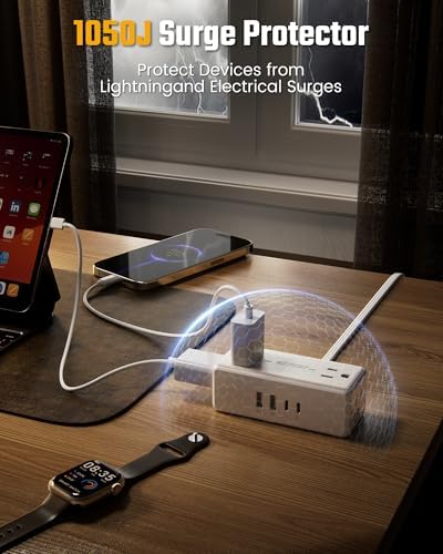 10Ft Long Extension Cord, SUPERDANNY Flat Plug Surge Protector Power Strip - Image 6