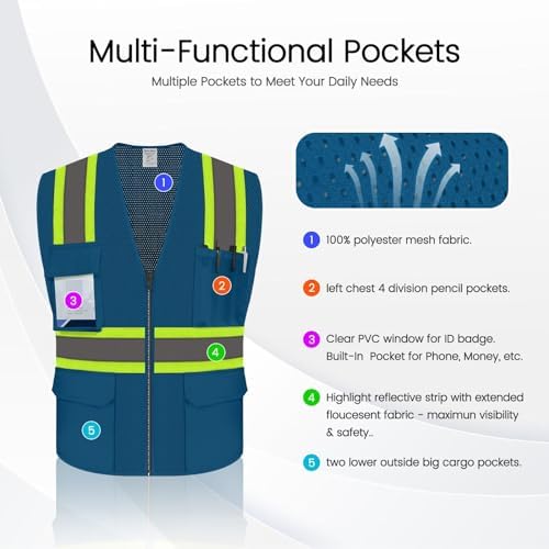 Safety Vest with Pockets, Hi Vis Construction Vest, Blue, S - Image 3