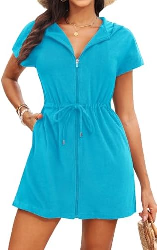 Womens Terry Cloth Cover Up Hooded Swim Cover with Zipper and Pocket by Yonique