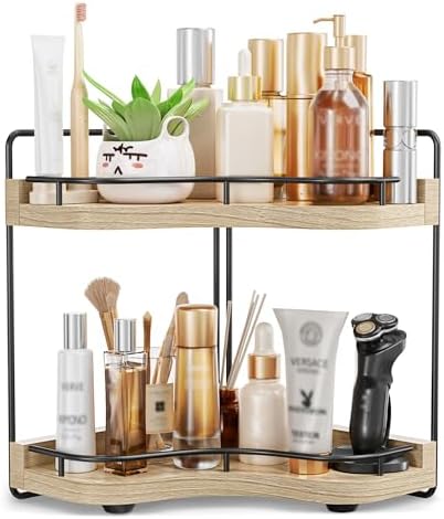 2-Tier Corner Bathroom Counter Organizer, Larger, Light Walnut by Unknown