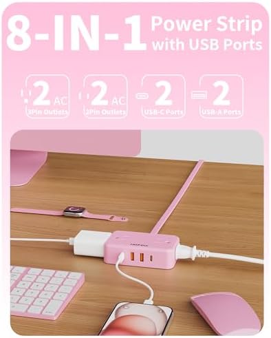 HOPOW Pink Extension Cord, 6 FT Flat Plug Power Strip, 4AC&2A2C, 1625W/13A - Image 2