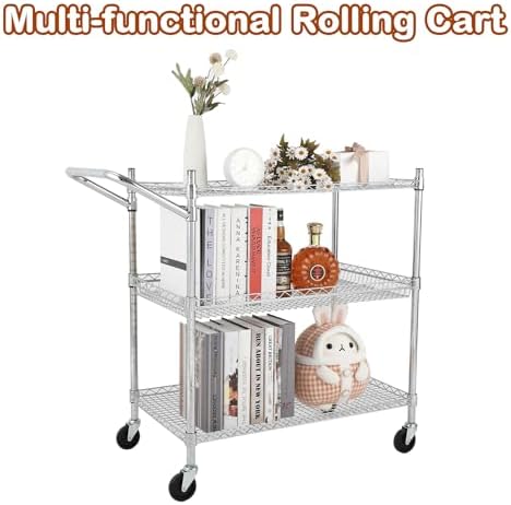 3-Tier Rolling Utility Cart 500 Lbs Capacity Rolling Carts, Wire Rolling Cart with Handle Bar Commercial Rolling Storage Trolley Utility Shelf Plant Display Shelf Food Cart, Low Handle - Image 4