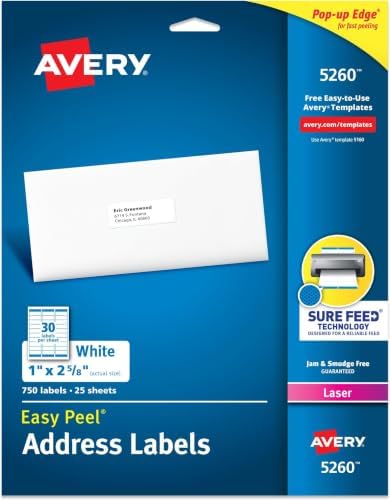 Avery Easy Peel Printable Address Labels with Sure Feed, 1" x 2-5/8" Customizable Stickers, White, 750 Blank Mailing Labels, Great for Mailing, Shipping, and More (5260) (Pack of 5) by Avery