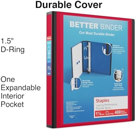 Staples Better Binder, 1.5-Inch D-Ring View, Red, Holds 350 Sheets - Image 2
