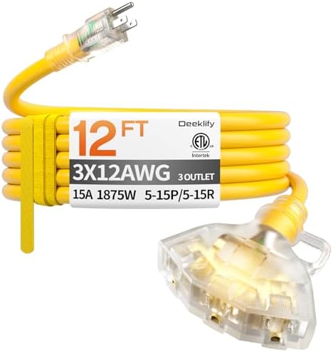 12 FT 12 Gauge Heavy Duty Extension Cord with Multiple Outlets by Deeklify