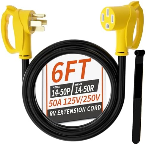 PlugSaf NEMA 14-50P/14-50R 6 FT 50 Amp RV/EV Extension Cord Outdoor with Grip Handle, 4 Prong Flexible Heavy Duty STW RV Power Cord Waterproof, 50A 125/250V 6250/12500W, Black-Yellow, ETL Listed by PlugSaf