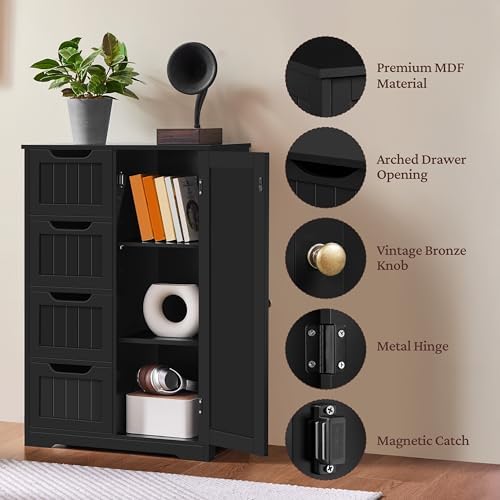 Yaheetech Small Bathroom Storage Cabinet with 4 Drawers & Door, Black - Image 6