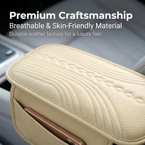 Car Center Console Armrest Pad, Leather Texture Armrest Cover with 2 Storage Pockets, Breathable Wear-Resistant Console Protector Cushion, Universal for Most Cars SUVs Trucks (Beige) - Image 6
