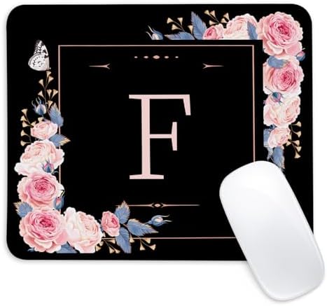 Letter F Black and Pink Flowers Square Mouse Pad, Mouse Pad with Stitched Edge and Non-Slip Rubber Base,Mouse Mat,Home Office Decor Desk Accessories,9.4x7.8x0.12 inch Square Mouse Pad by Unknown