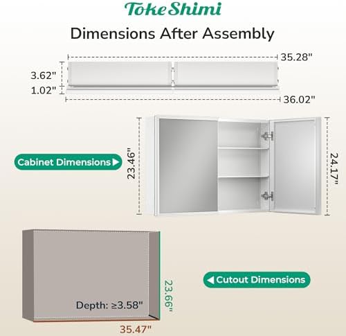 TokeShimi 36 x 24 White Recessed Medicine Cabinet with Mirror, Assembly Required, Bathroom Medicine Cabinet with Mirror, Stepless Adjustable Shelves, Beveled Aluminum Frame, DTC Hinge - Image 2