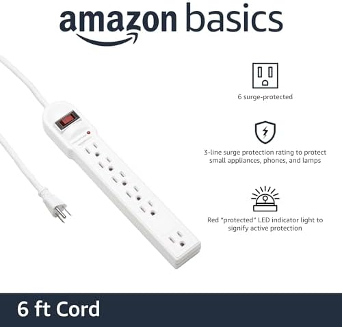 Amazon Basics Surge Protector Power Strip, 6-Outlet, 790 Joules, Circuit Breaker, LED Indicator, 6ft Extension Cord, White - Image 2