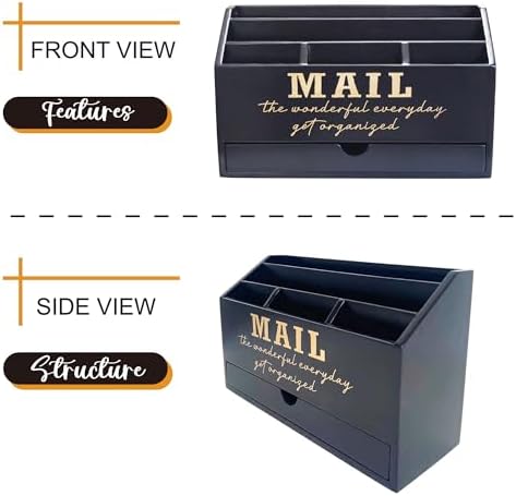 EXQUIDECA Wooden Black Rustic Countertop Mail Storage Holder with Drawer and Compartments - Office Desk Accessories and Workspace Organizers - Desktop Sorter for Pen Stationery Letter Files Documents - Image 3