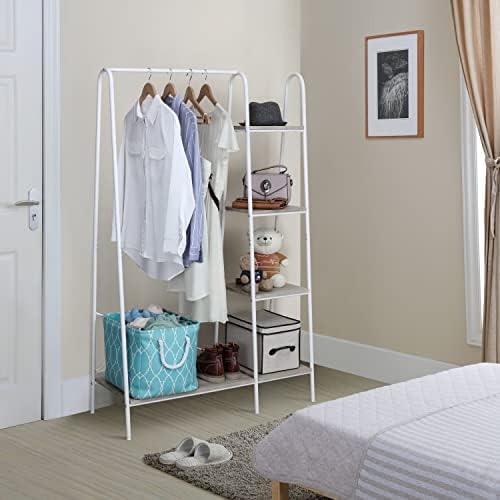 Finnhomy Metal Clothes Closet Rack, Clothing Rack for Hanging Clothes White Heavy Duty Garment Rack with 5 Wood Shelves Freestanding Portable Closet Organizer for Bedroom/Entryway/Boutiques - Image 4
