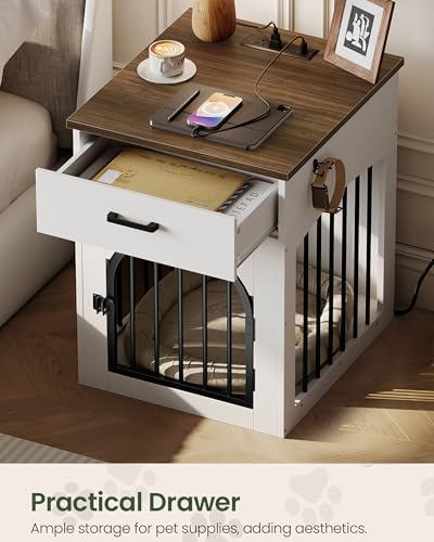 CHOEZON Dog Crate Furniture, Wooden Dog Kennel with Charging Station and Storage Drawer, Indoor Pet Crate End Table for Small Breeds, Dog Cage for Living Room, Bedroom, White and Walnut MGW01UWL - Image 5