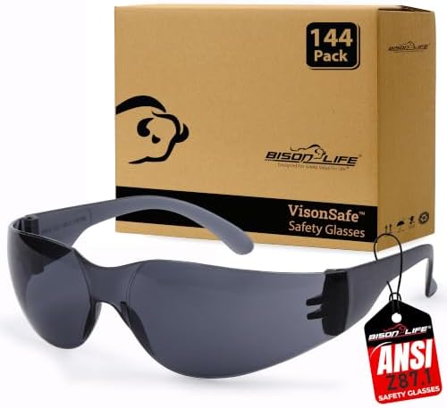 BISON LIFE Black Safety Glasses for Men & Women, Bulk, ANSI Z87.1, 144 Pack by BisonLife