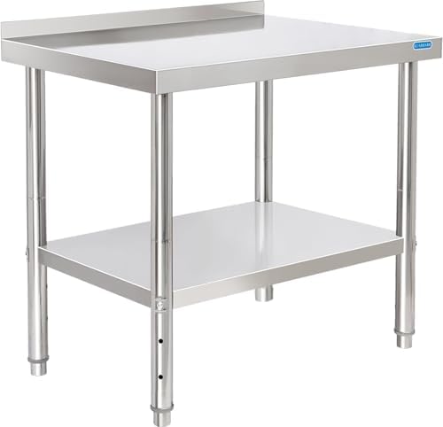 KUARBARR Stainless Steel Table for Prep & Work with Backsplash 24 x 30 Inches NSF Metal Commercial Kitchen Adjustable Under Shelf Worktable for Restaurant Home Outdoor by KUARBARR