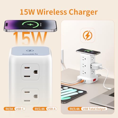 Extension Cord with Multiple Outlets, SMALLRT Power Strip Tower, Outlet Extender with 12 AC Outlets 4 USB, 6.5FT Extension Cord for Home Dorm Room, Office Supplies,Overload Protection - Image 3