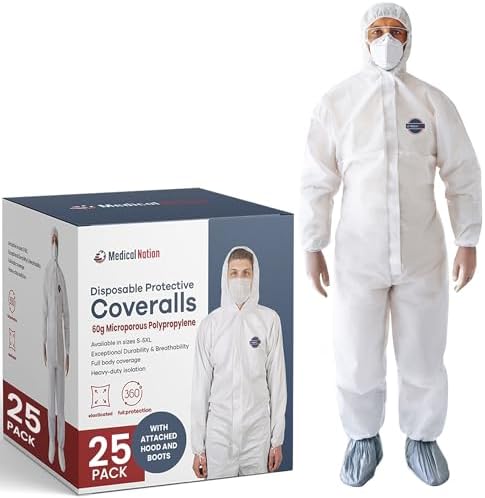 Medical Nation Hazmat Suits Disposable | 25 Pack, 2X-Large | Protective Coveralls with Attached Hood and Boots | Heavy Duty Full Body Painters Suit for Adults - Breathable & Water Resistant | 2XL by MEDICALNATION