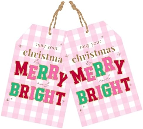 joycraft 50Pcs Christmas Tags with String, Pink Plaid Merry Christmas Tags by joycraft