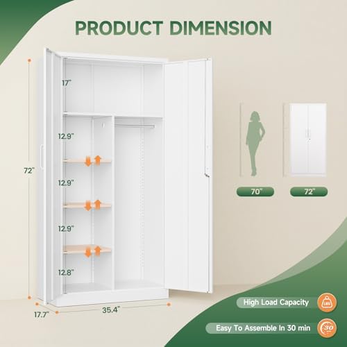 Letaya Metal Locker,Steel Wardrobe Storage Cabinets with Lock Door,Clothing Coat Storage Freestanding for Office, Home, School, Employee,Gym,Fire Department (White) - Image 3