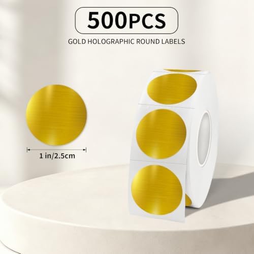 1Inch Circle Holographic Gold Thermal Labels, Waterproof Printable Round Direct Thermal Stickers, Self-Adhesive for Small Business Logo, QR Code, Price Tag & Packaging, 500Pieces/Roll - Image 3