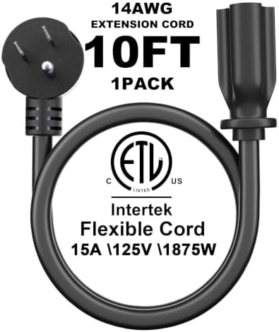 POWGRN 10FT 14/3 Black Flat Plug Extension Cord, Low Profile Indoor - Image 2