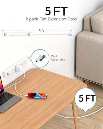 2 Pack Power Strip, 5FT Extension Cord, Surge Protector with 6 Outlets and 4 USB Ports (2 USB C), Flat Plug Overload Protection, Extension Cord with Multiple Outlets, Wall Mount for Home Dorm College - Image 5