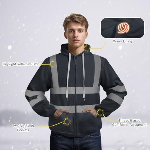 TCCFCCT Hi Vis Hoodies for Men Women Class 3 Safety Jacket Reflective, High Visibility Hoodie for Men Construction, Surveyors, Durable & Dirt-resistant, WL-GREY Strip XL - Image 3